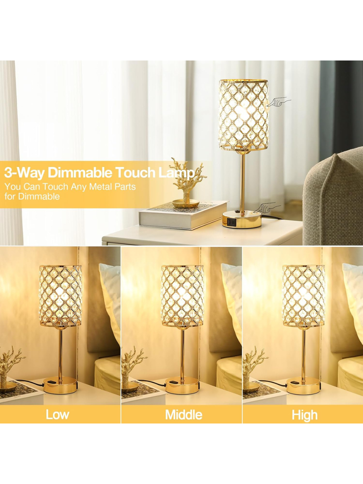 Modern Gold Crystal Decor Lamp with Dual USB Ports