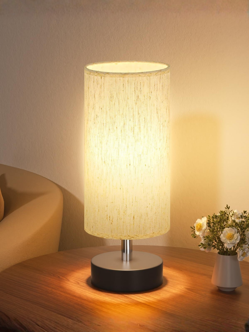Minimalist Nightstand Table Lamp with Soft Linen Fabric Shade