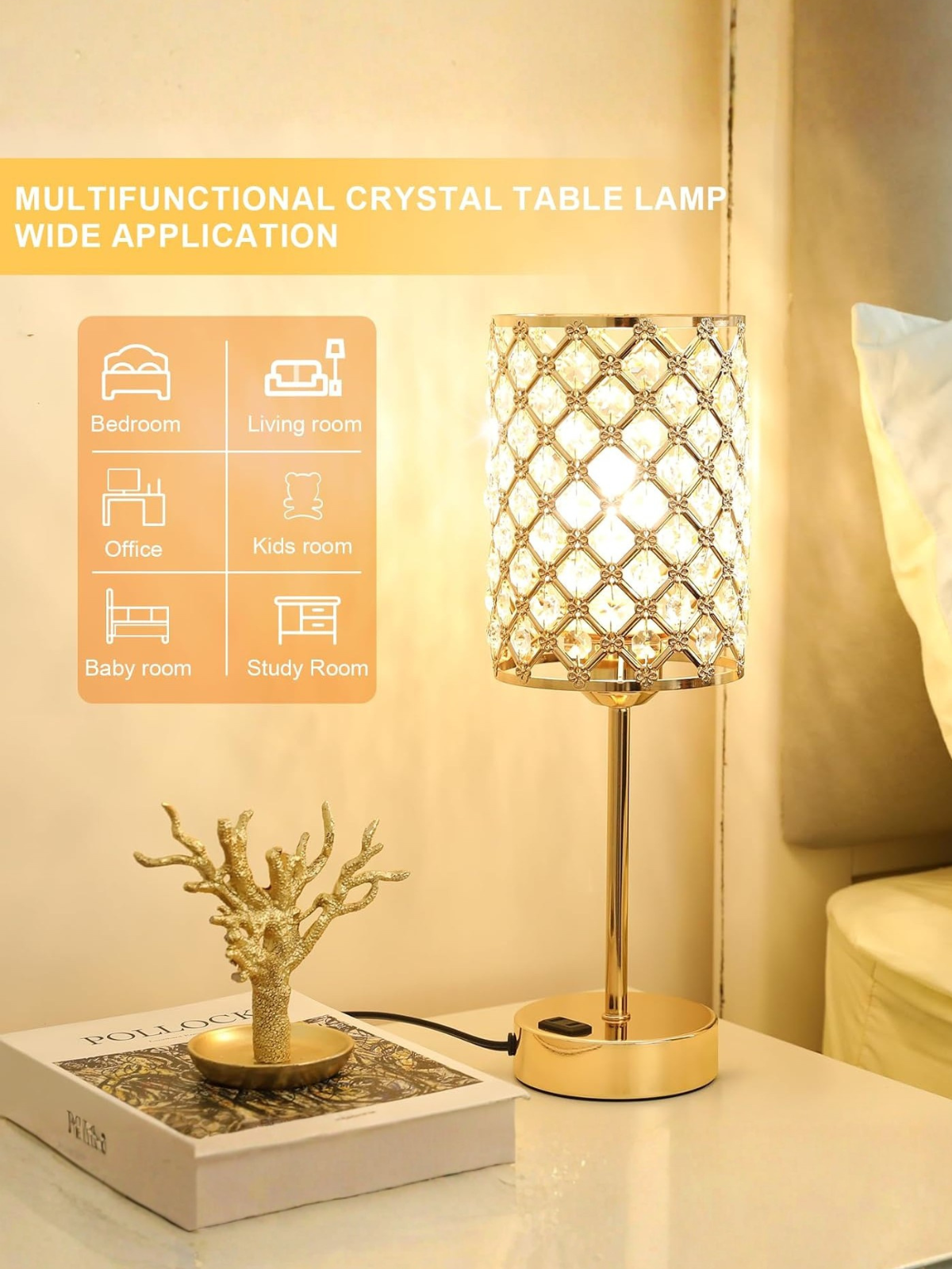 Modern Gold Crystal Decor Lamp with Dual USB Ports