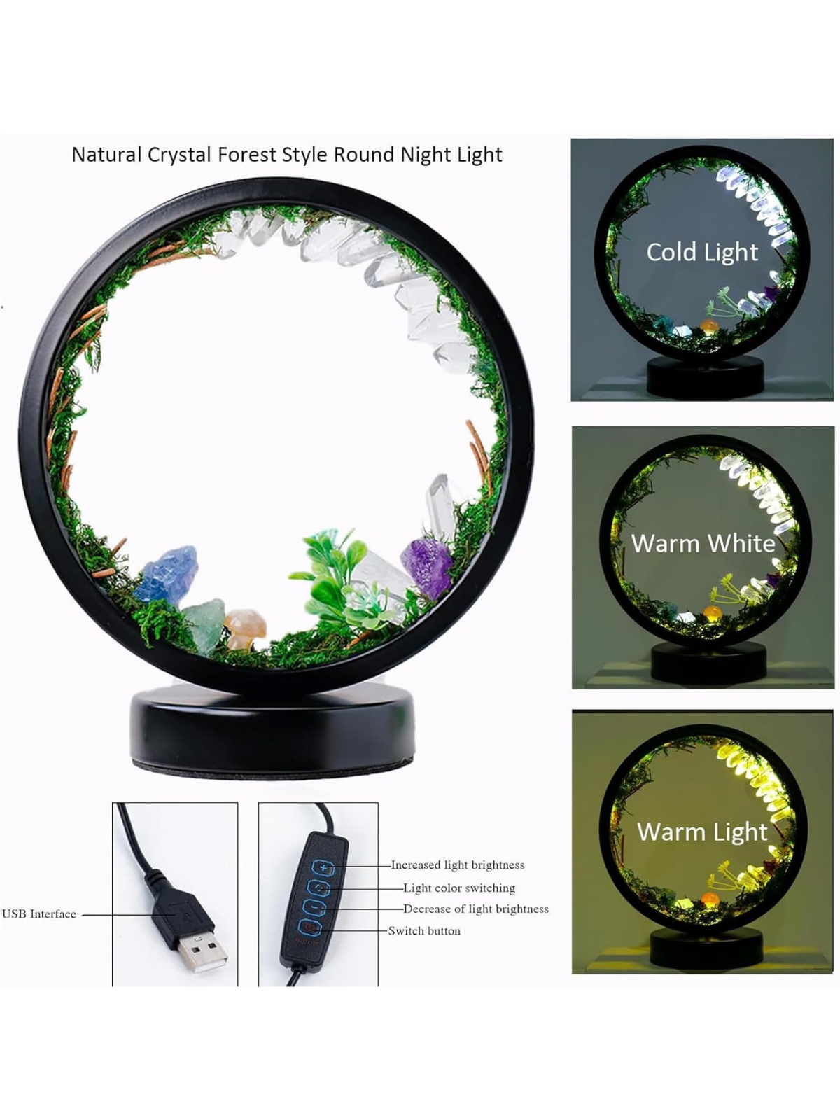 Natural Clear Quartz Crystal Night Light with 3 Colors