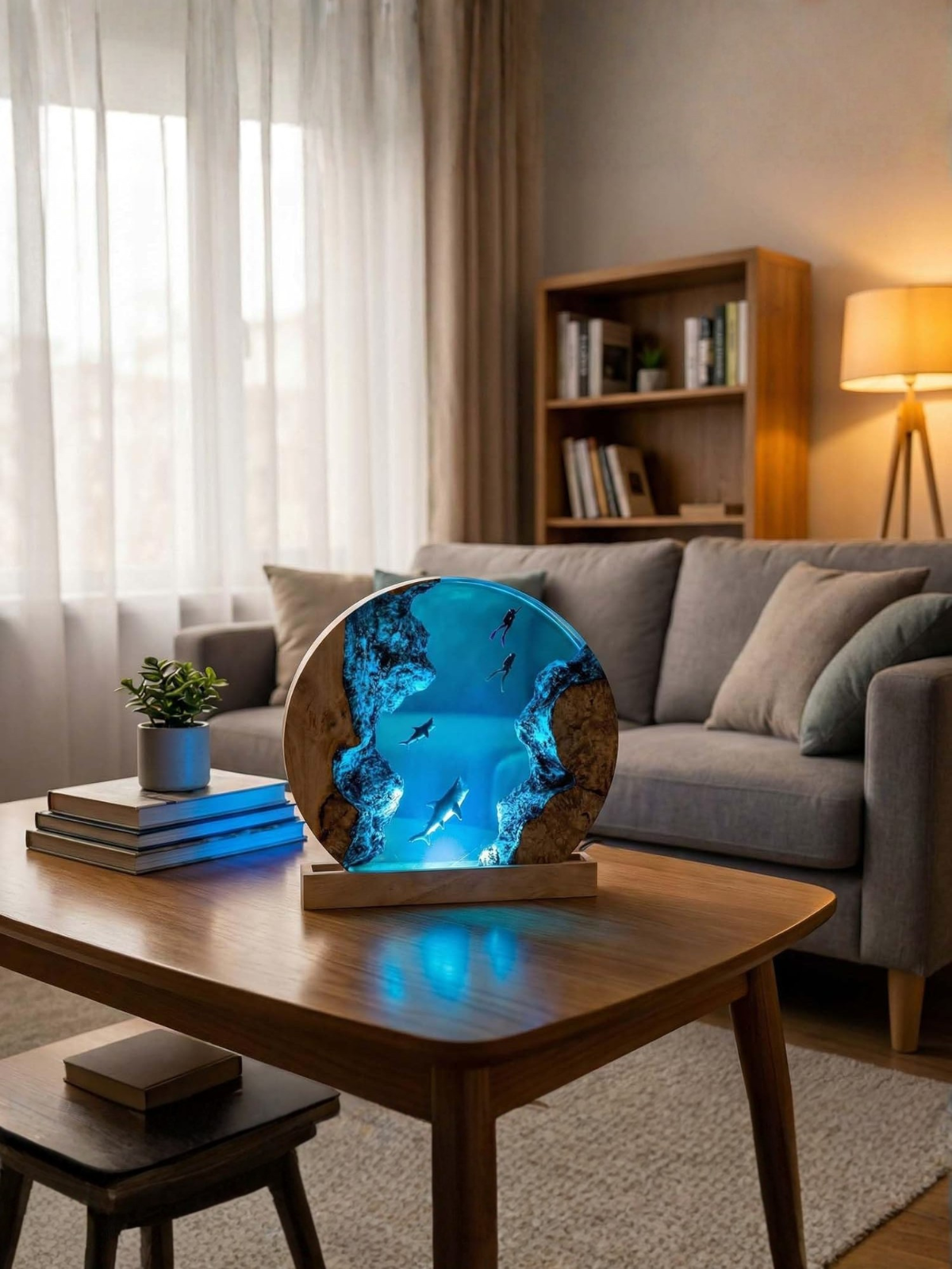 Handmade Ocean Resin Whale Shark Lamp with Wood Base