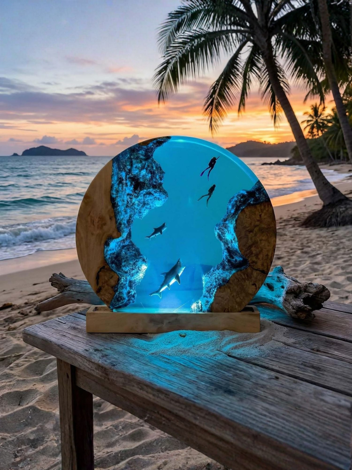 Handmade Ocean Resin Whale Shark Lamp with Wood Base