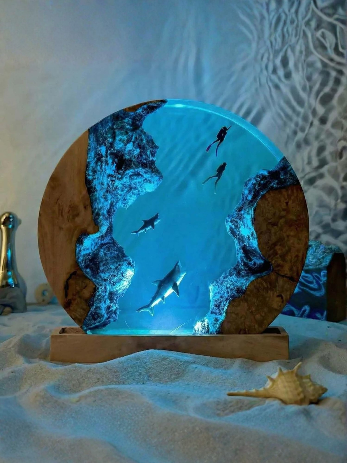 Handmade Ocean Resin Whale Shark Lamp with Wood Base