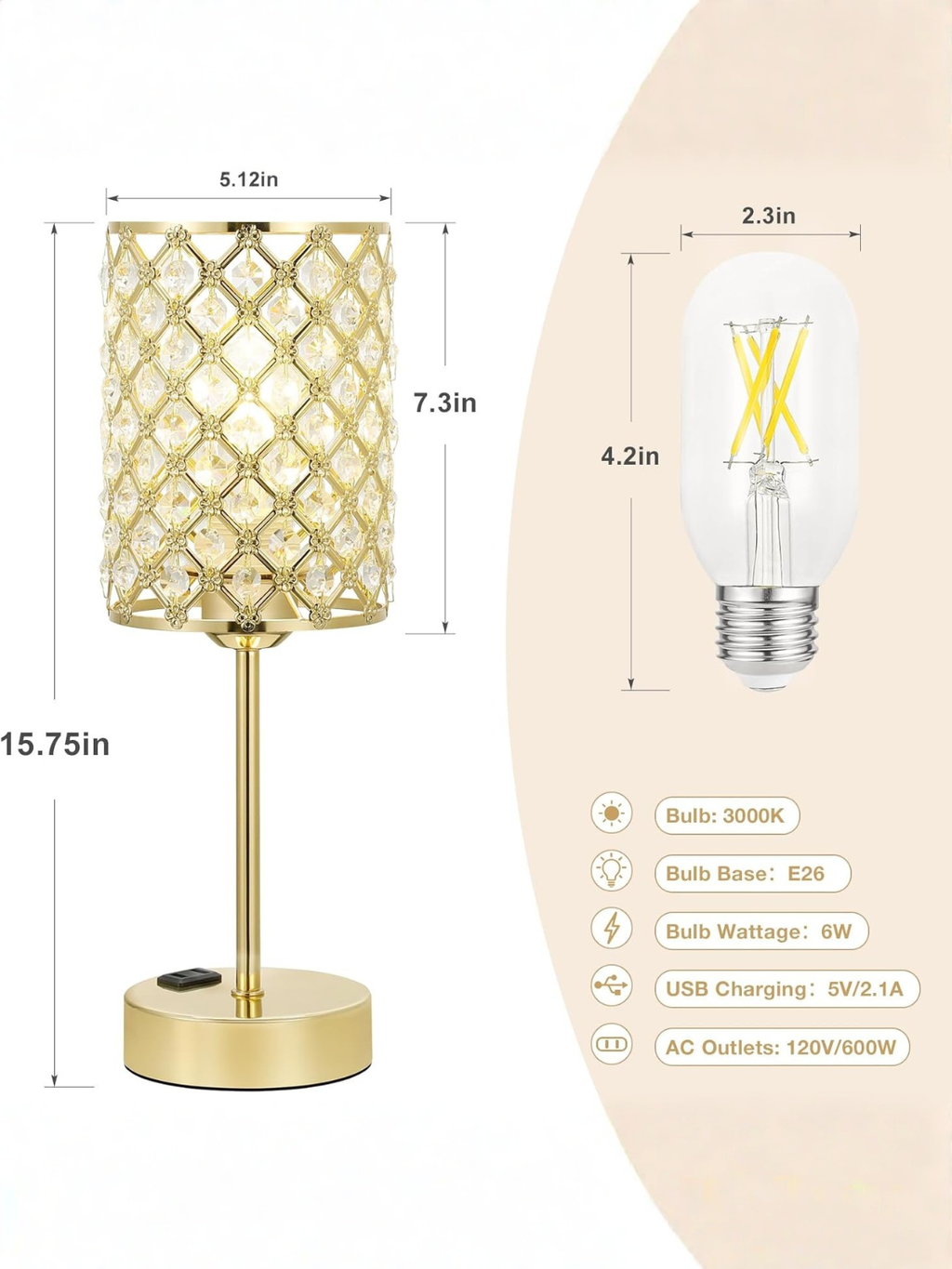 Modern Gold Crystal Decor Lamp with Dual USB Ports