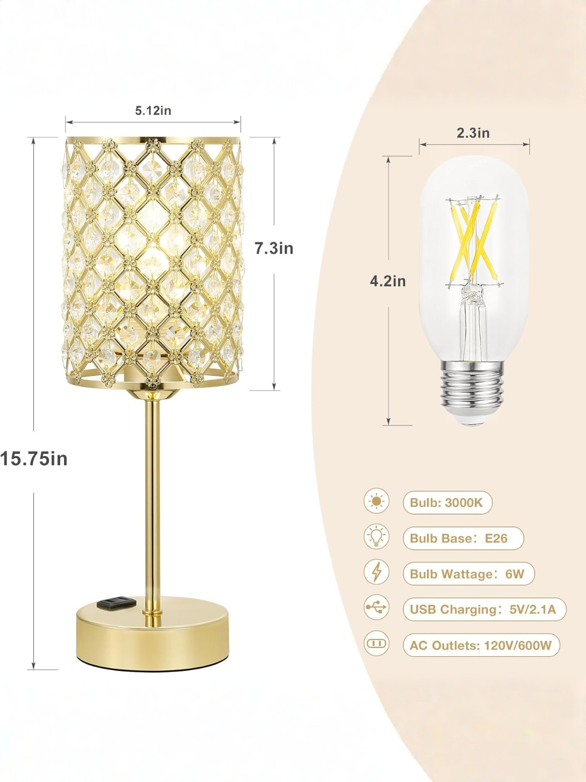 Modern Gold Crystal Decor Lamp with Dual USB Ports