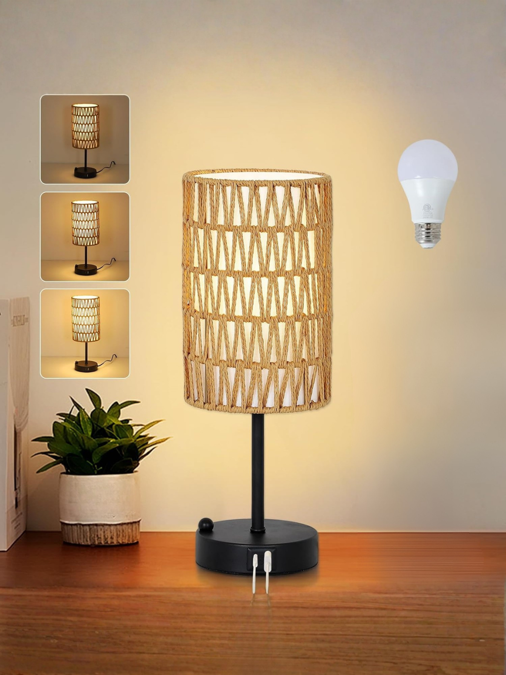 Boho Rattan Bedside Table Lamp With USB Charging Ports