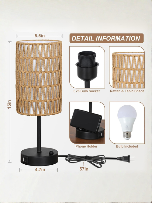 Boho Rattan Bedside Table Lamp With USB Charging Ports