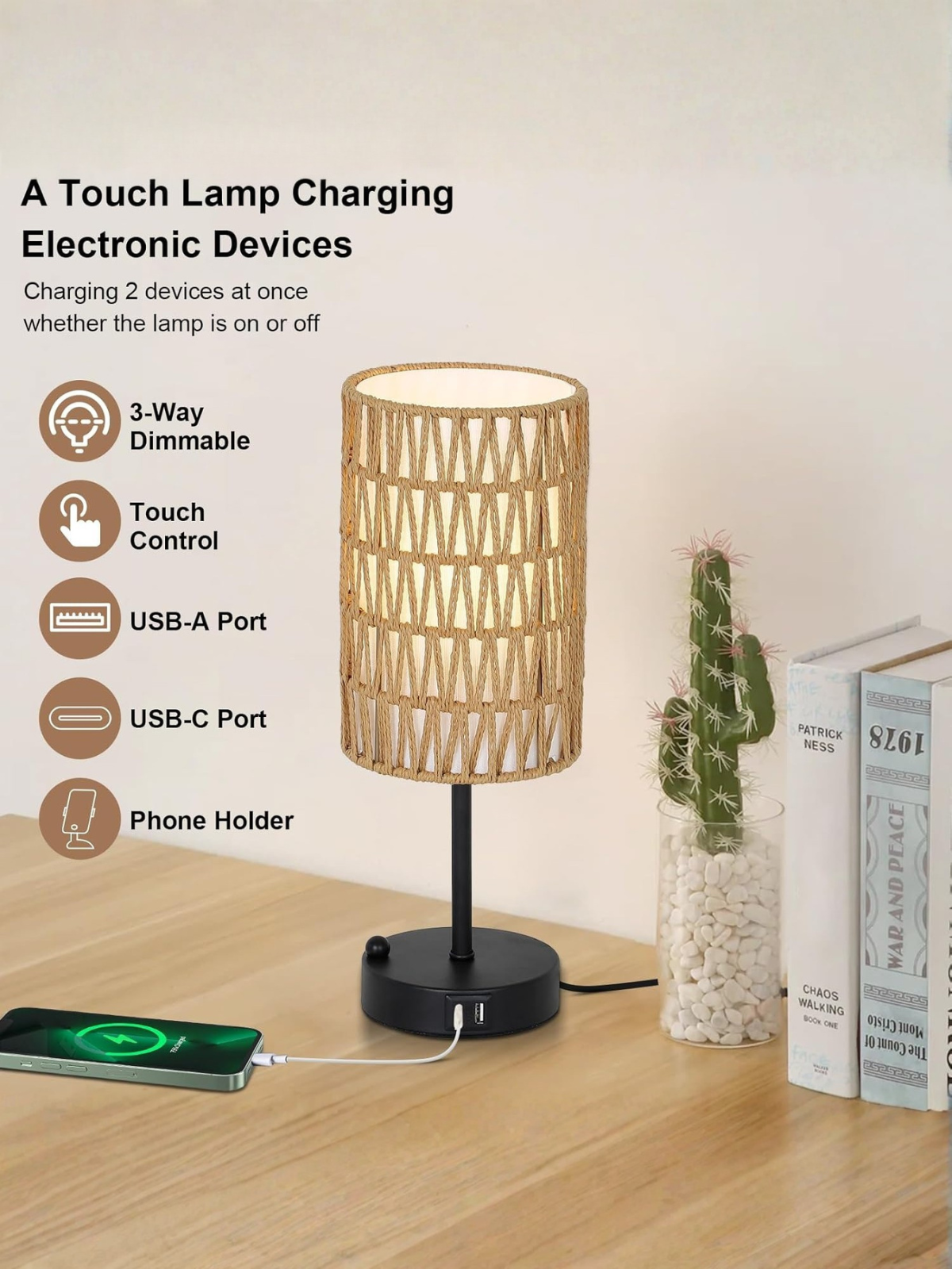 Boho Rattan Bedside Table Lamp With USB Charging Ports