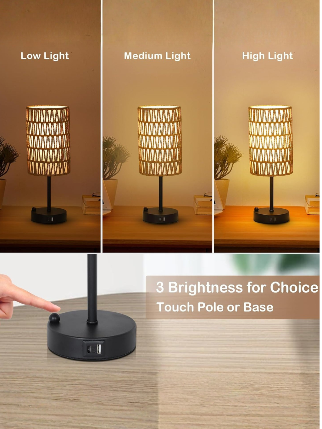 Boho Rattan Bedside Table Lamp With USB Charging Ports