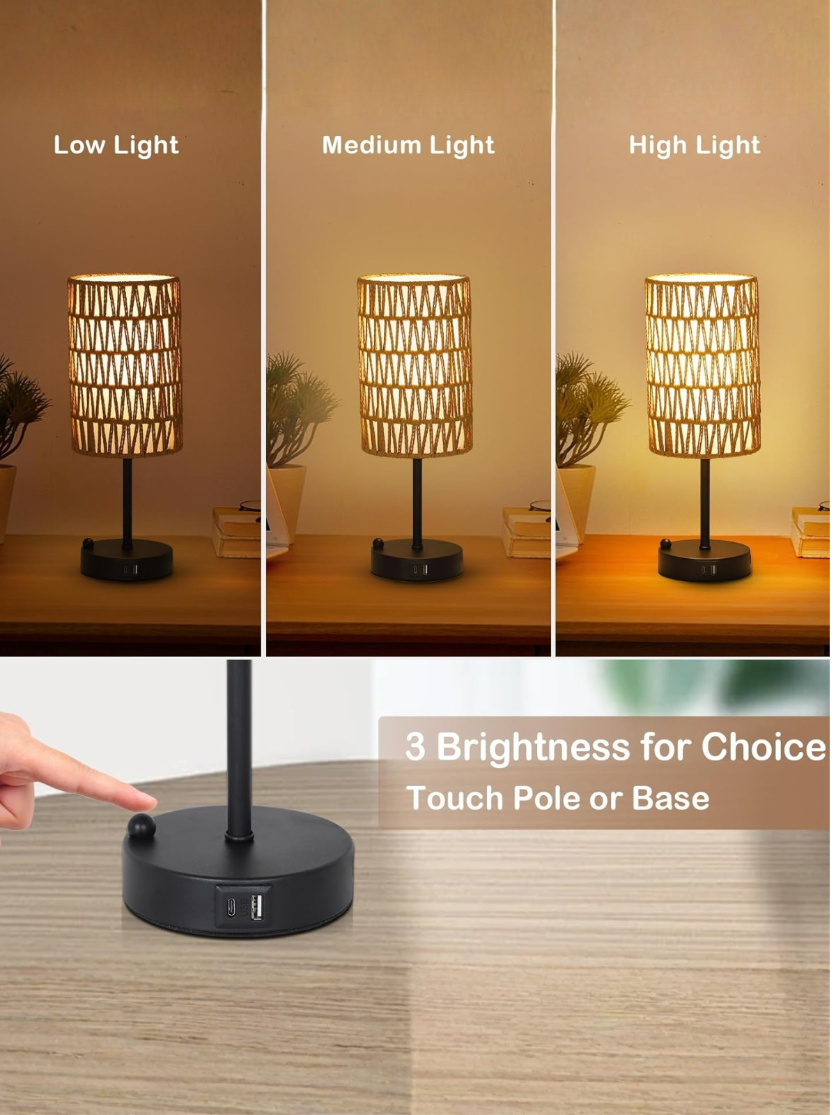Boho Rattan Bedside Table Lamp With USB Charging Ports