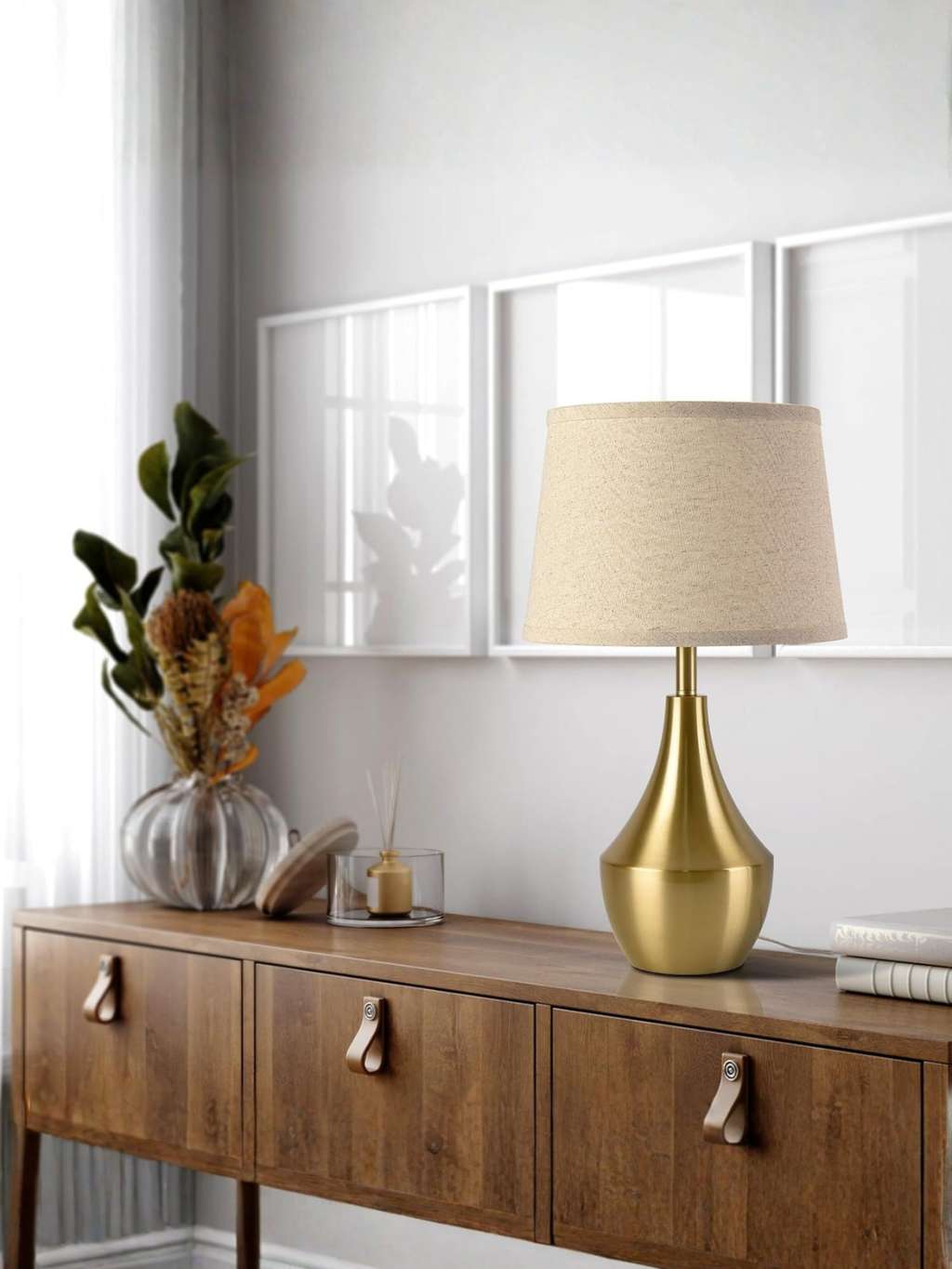 Modern Brushed Brass Table Lamp with Sculptural Gold Base