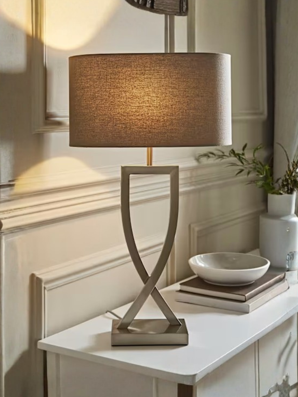 Brushed Chrome Hourglass Table Lamp With Grey Oval Shade