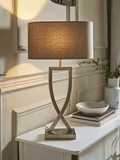 Brushed Chrome Hourglass Table Lamp With Grey Oval Shade