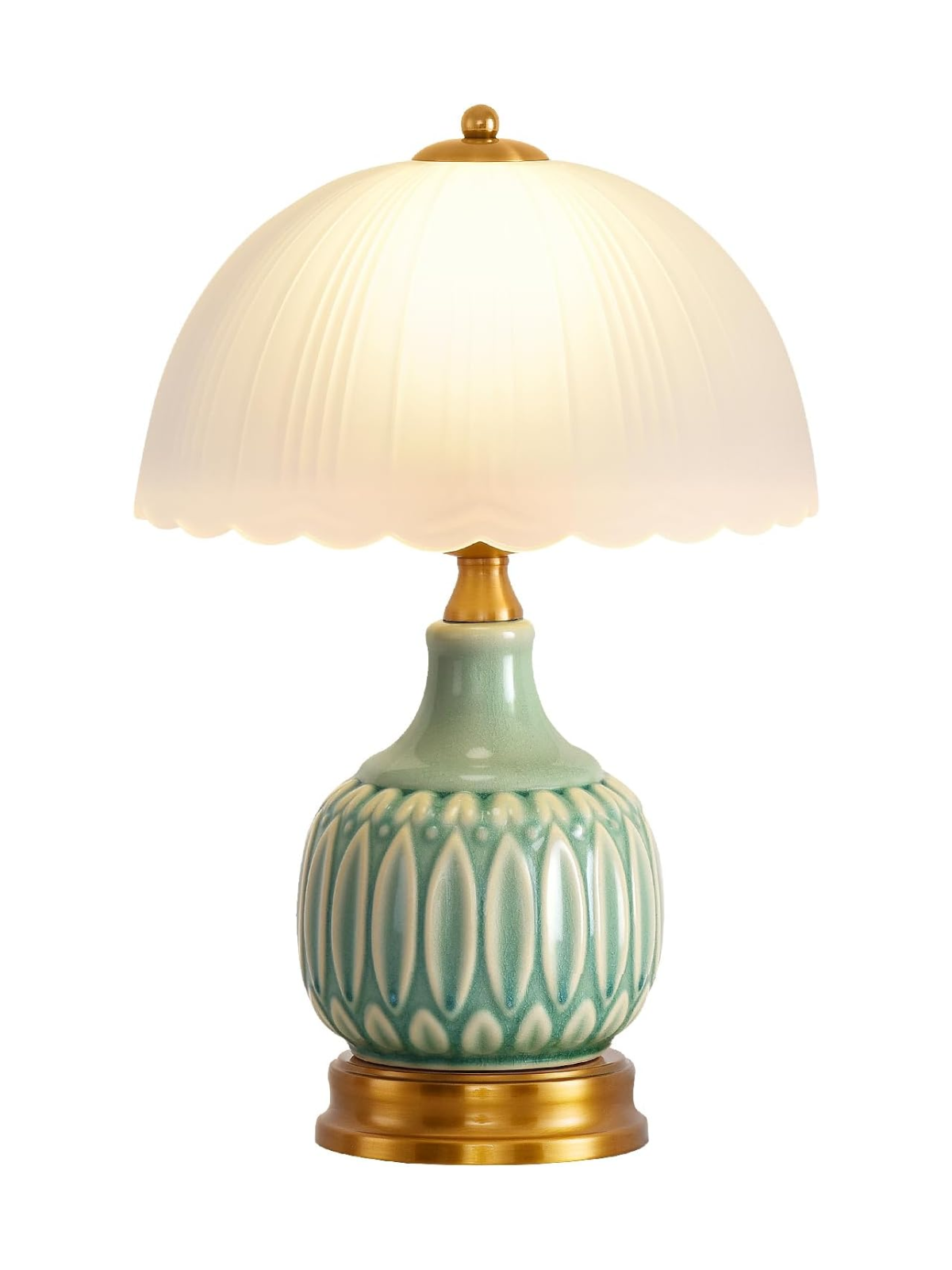 Vintage Green Ceramic Mushroom Decor Lamp With Glass Shade