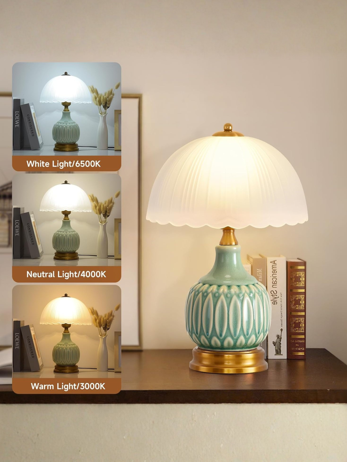 Vintage Green Ceramic Mushroom Decor Lamp With Glass Shade