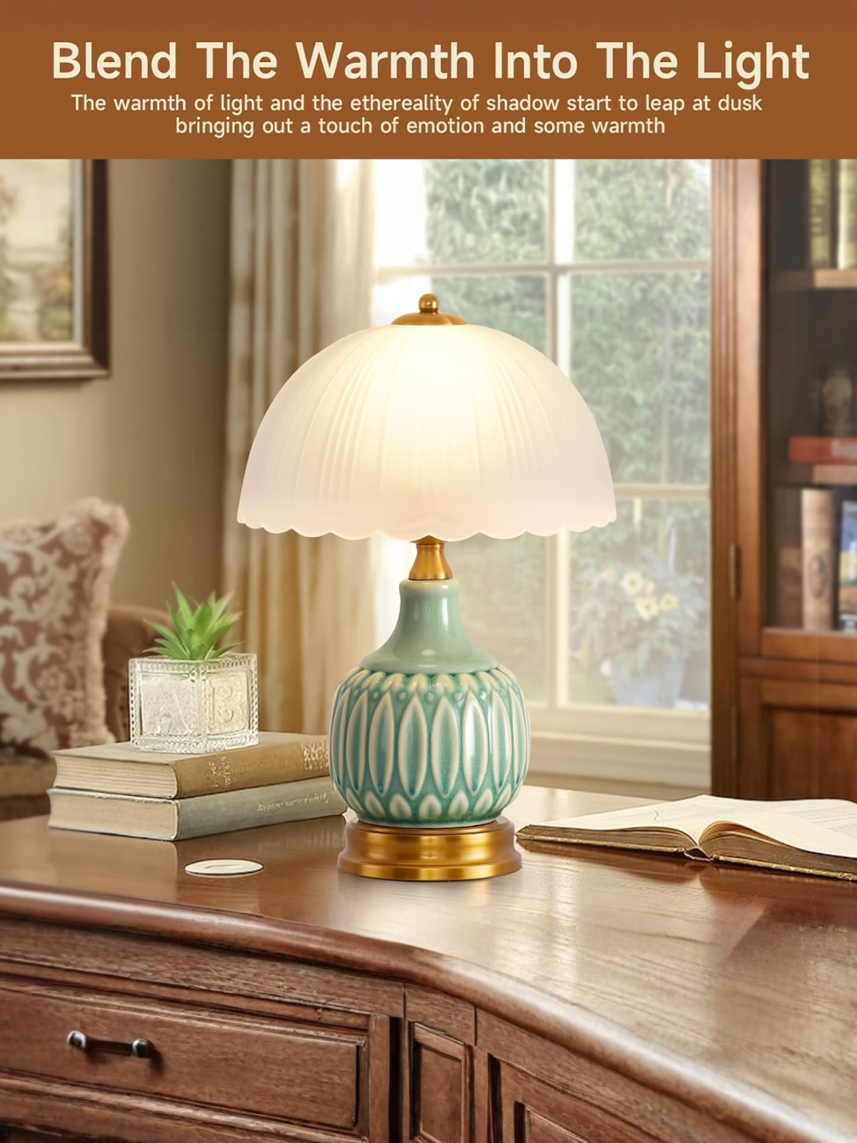 Vintage Green Ceramic Mushroom Decor Lamp With Glass Shade