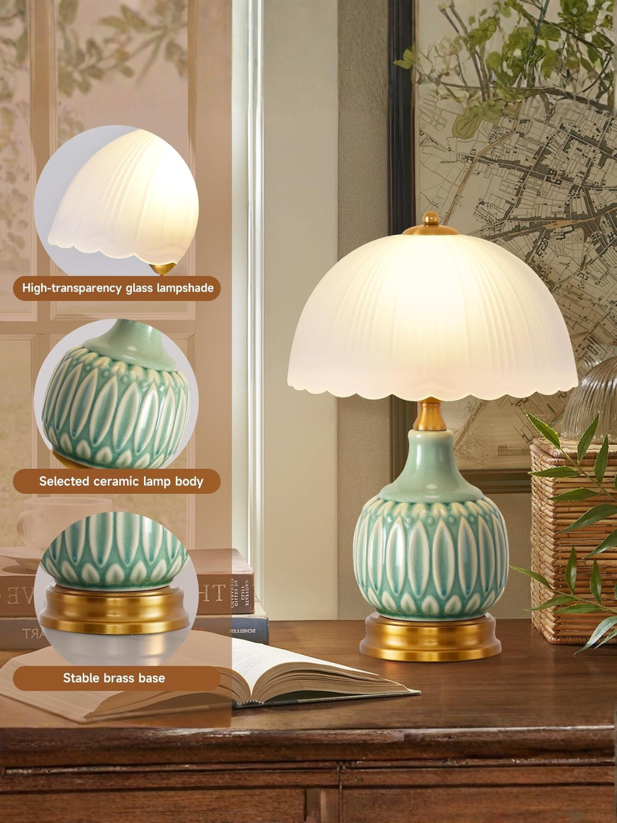 Vintage Green Ceramic Mushroom Decor Lamp With Glass Shade