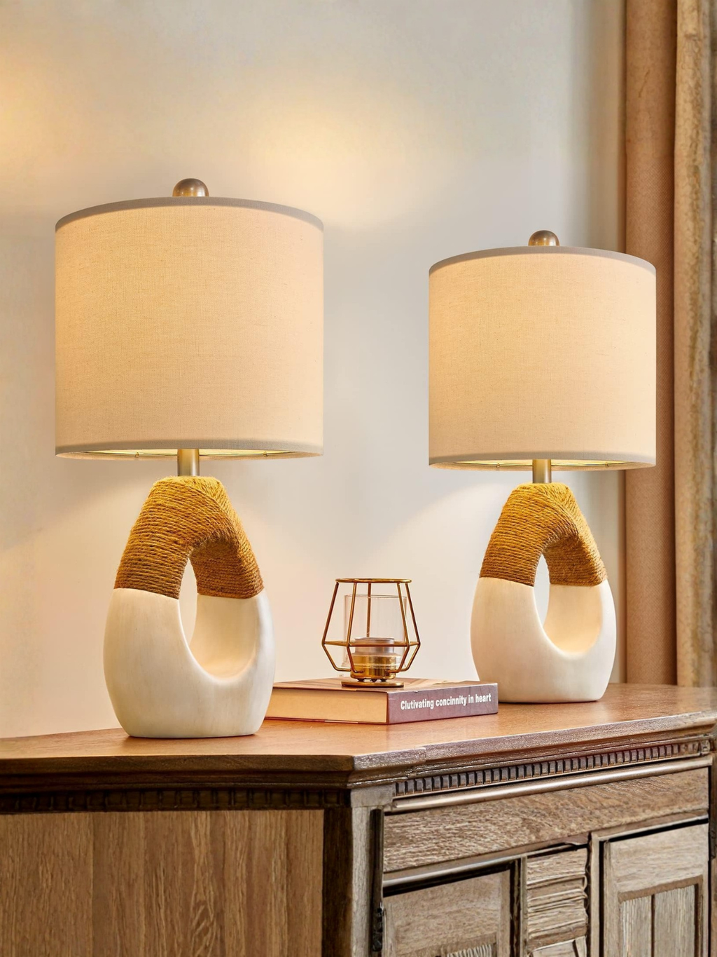 Set of 2 Small Boho Farmhouse Rattan Bedroom Bedside Lamps