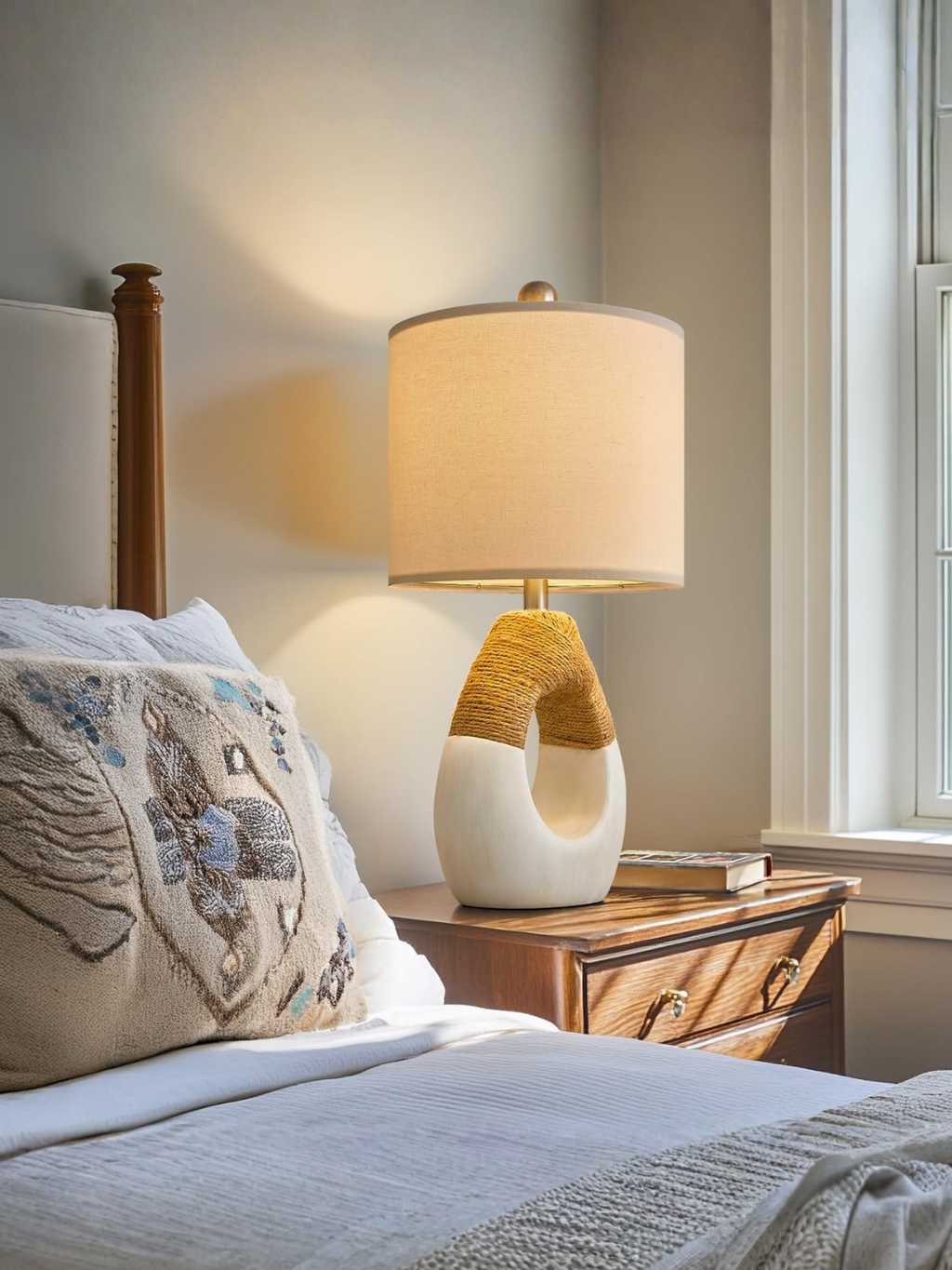 Set of 2 Small Boho Farmhouse Rattan Bedroom Bedside Lamps