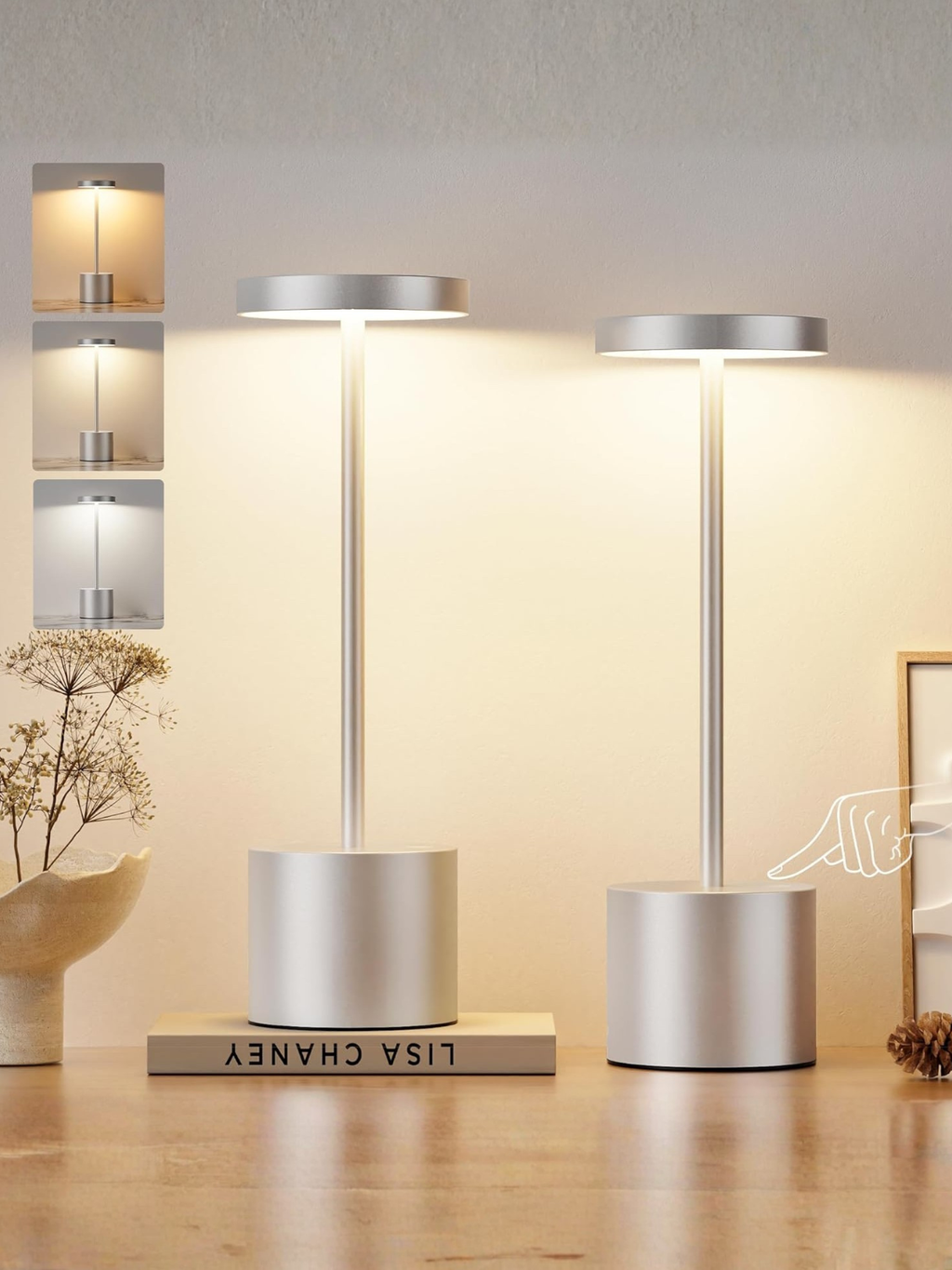 Set of 2 Modern Silver Gray Cordless Rechargeable LED Table Lamps