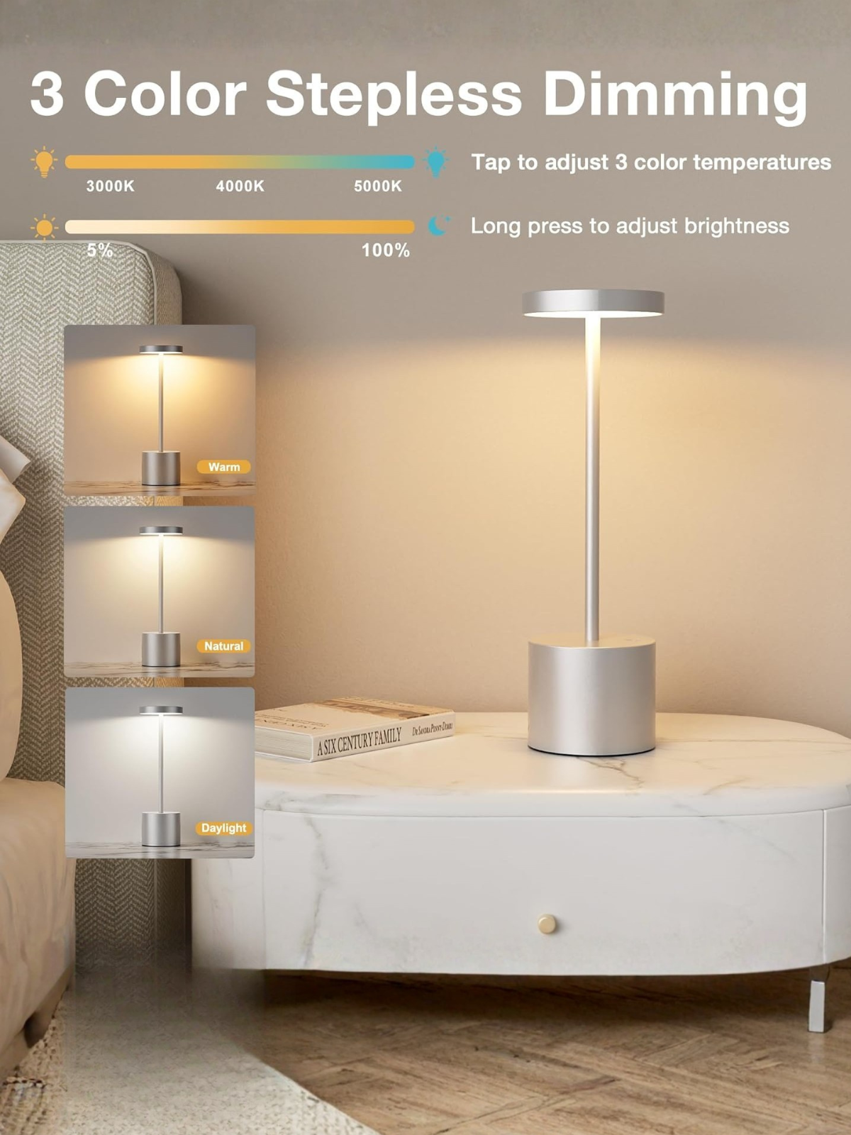 Set of 2 Modern Silver Gray Cordless Rechargeable LED Table Lamps