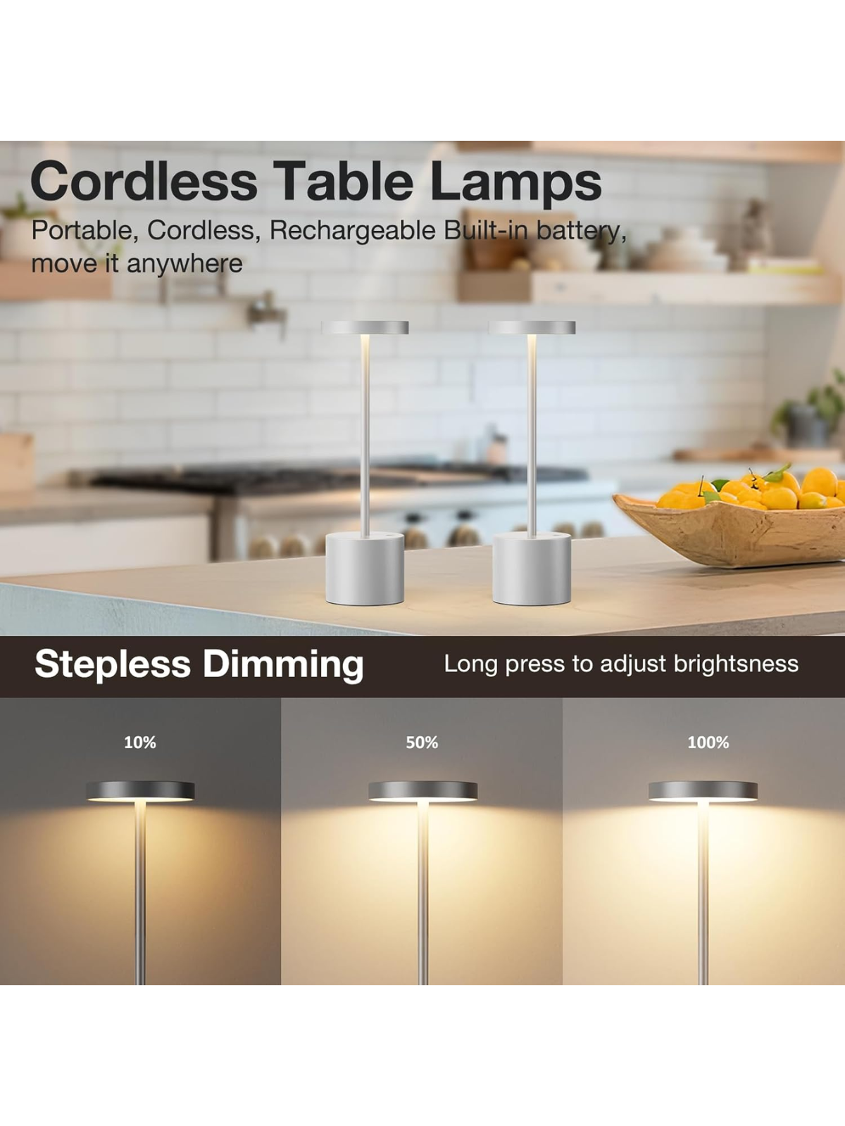 Set of 2 Modern Silver Gray Cordless Rechargeable LED Table Lamps