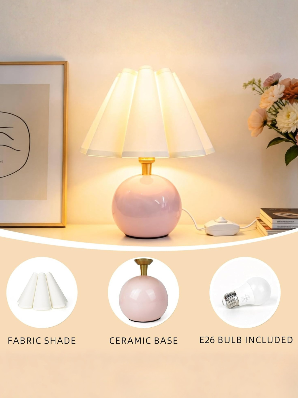 Ceramic Stepless Dimmable Lamp With A Scalloped Fabric Shade