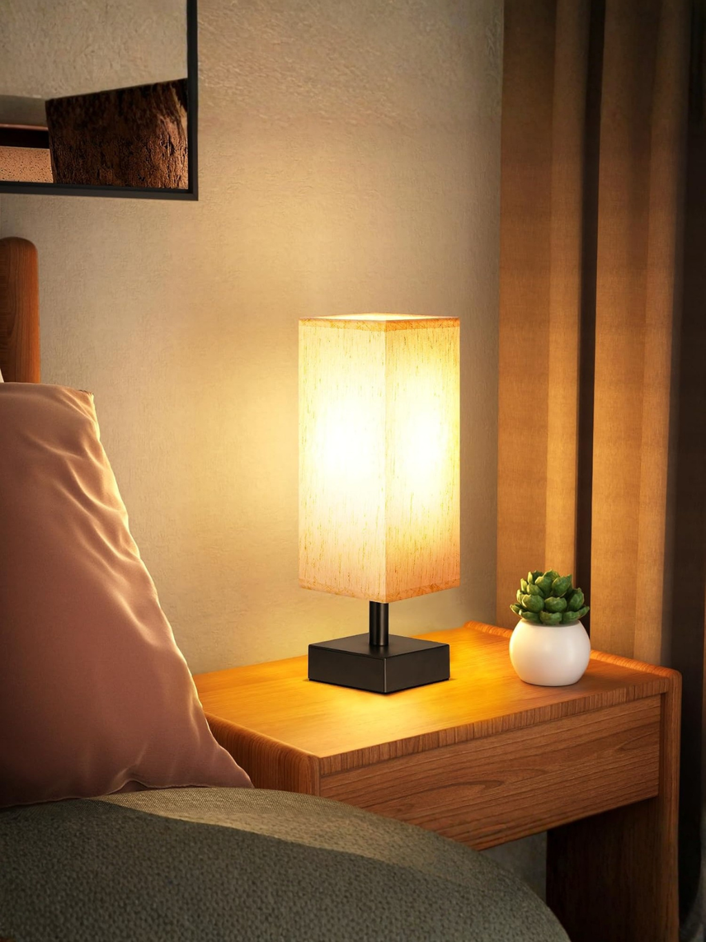 Minimalist Black Bedside Table Lamp With Square Fabric Shade