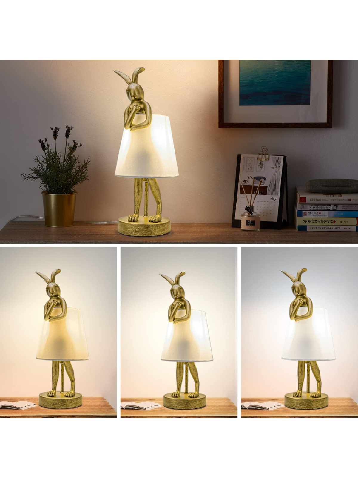 Antique Gold Bunny Table Lamp With White Linen Shade