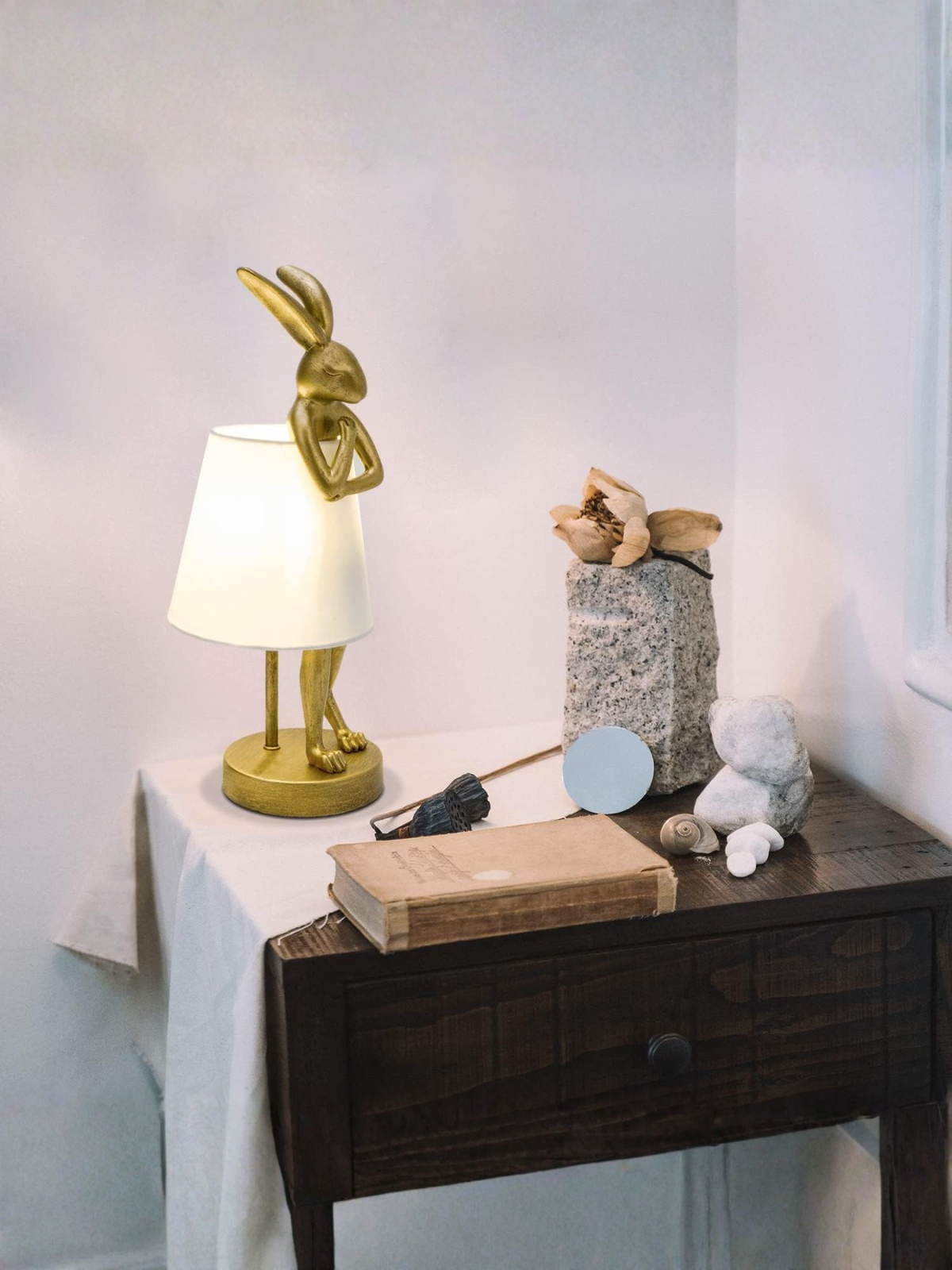 Antique Gold Bunny Table Lamp With White Linen Shade