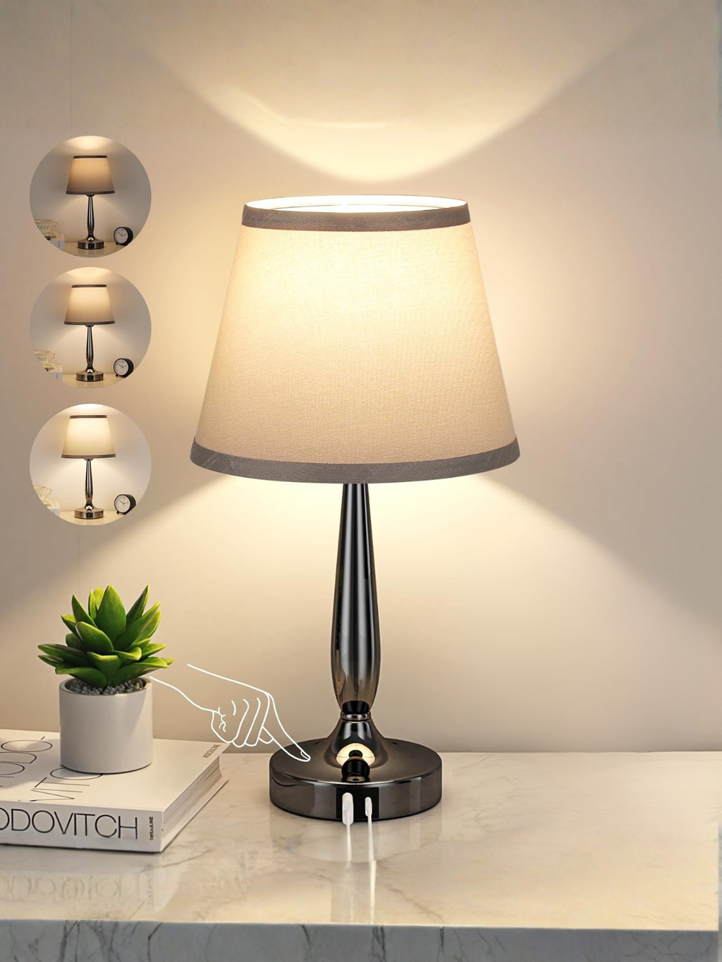 Modern Pearl Black Touch Table Lamp With Grey Shade
