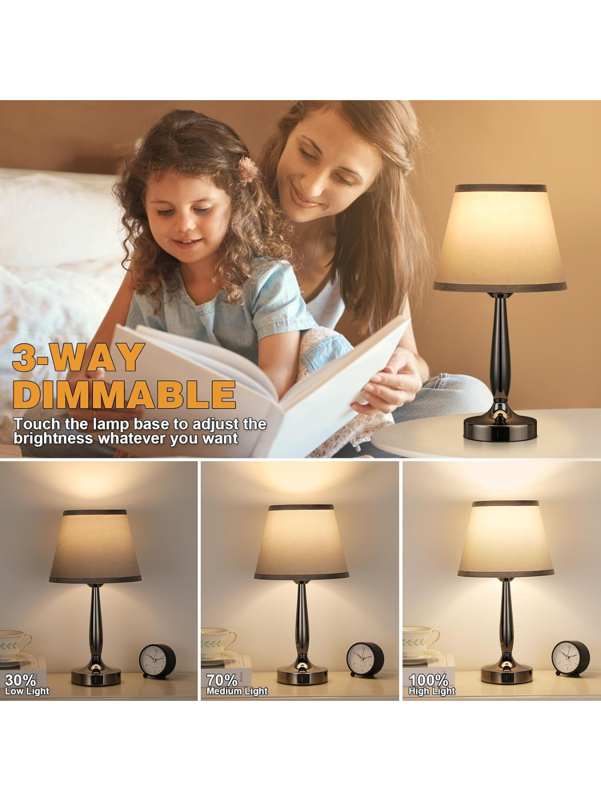 Modern Pearl Black Touch Table Lamp With Grey Shade