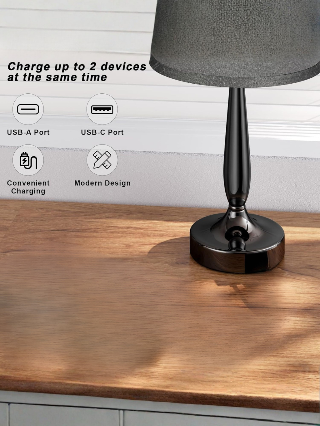 Modern Pearl Black Touch Table Lamp With Grey Shade
