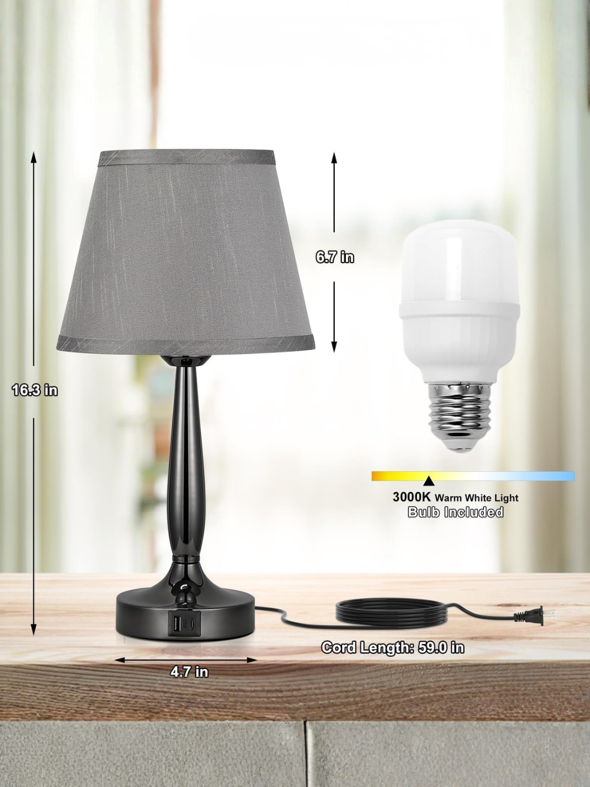 Modern Pearl Black Touch Table Lamp With Grey Shade